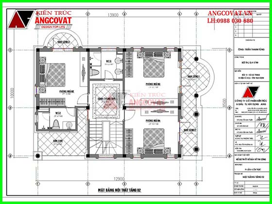 Mặt bằng tầng 2 trong mẫu thiết kế không gian nhà 3 tầng rỗng rãi