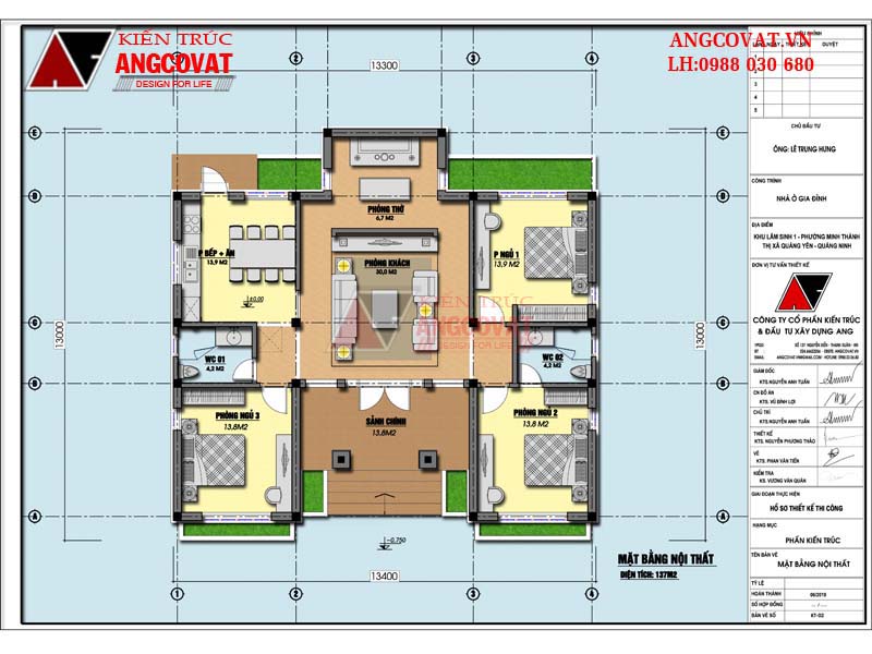 bản vẽ mặt bằng biệt thự 1 tầng chữ u 3 phòng ngủ 140m2