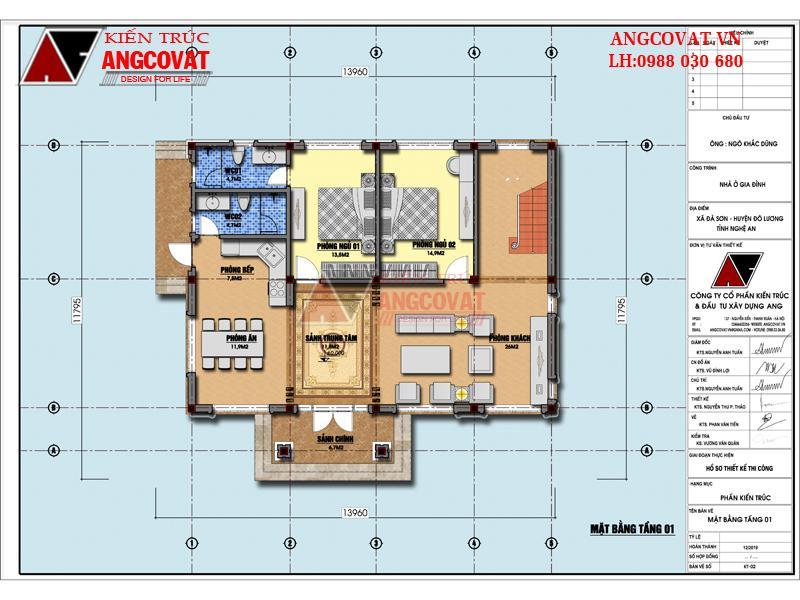 mặt bằng tầng 1 nhà mặt tiền 14m 2 phòng ngủ