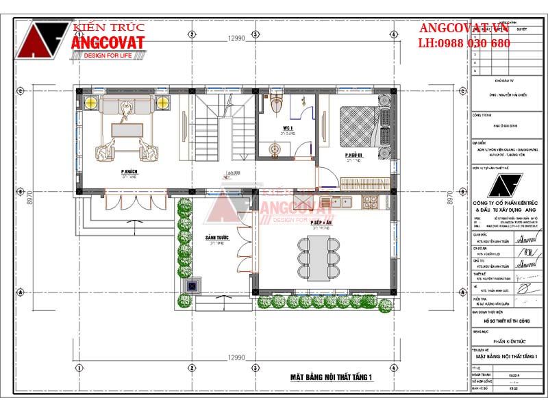 mặt bằng tầng 1 mẫu nhà 2 tầng 9x13m