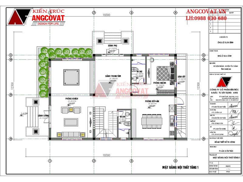 Bản vẽ mặt bằng tầng 1 mẫu nhà 12x18m đẹp 3 phòng ngủ