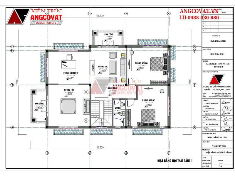 mặt bằng tầng lầu mẫu nhà 2 tầng 3 phòng ngủ 12x18m