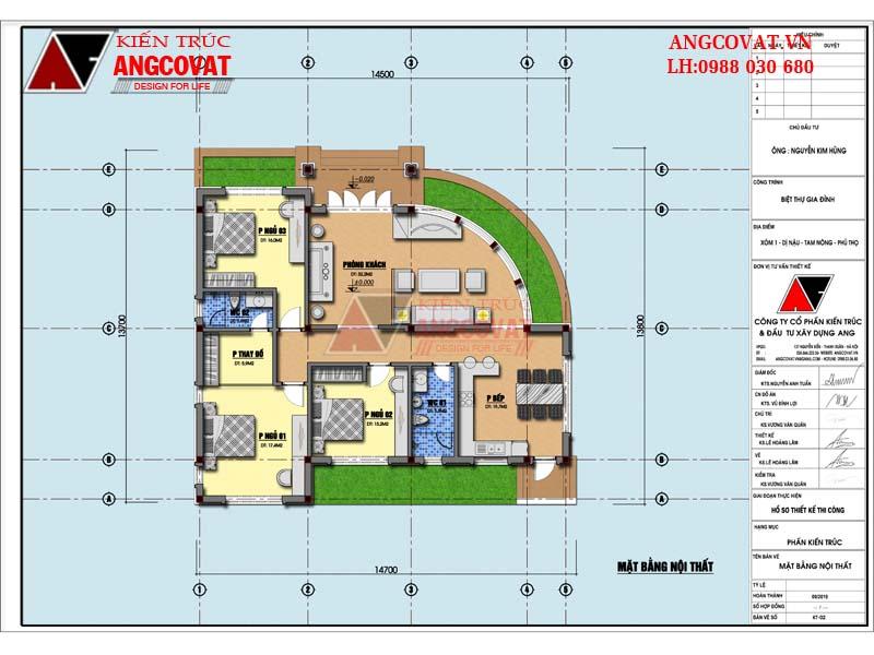 Bản vẽ thiết kế mặt bằng biệt thự 1 tầng 150m2 3 phòng ngủ