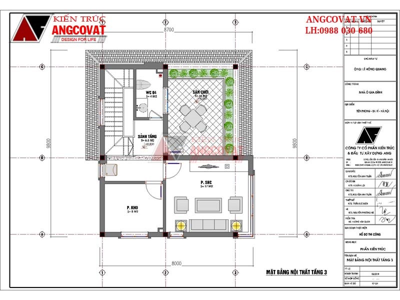 tầng 3 mẫu nhà 3 tầng 70m2