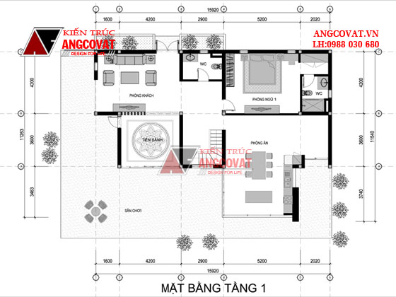 Mặt bằng tàng 1 mẫu biệt thự 2 tầng mặt tiền 12m