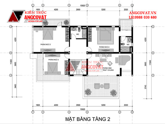 Mặt bằng tầng 2 mẫu biệt thự 2 tầng mặt tiền 12m