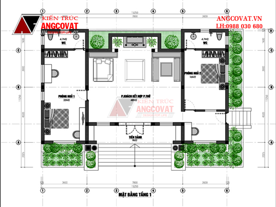 Mặt bằng mẫu thiết kế nhà 1 tầng 2 phòng ngủ