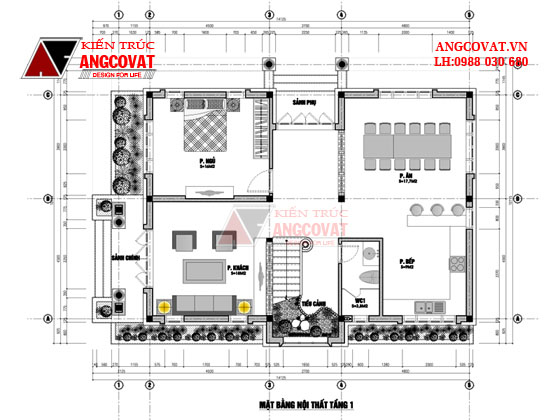 Mặt bằng nội thất tầng 1 mẫu nhà 2 tầng 100m2