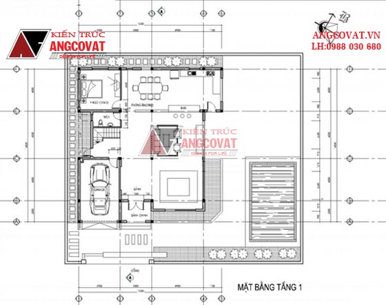 Mặt bằng tầng 1 biệt thự 3 tầng mái thái