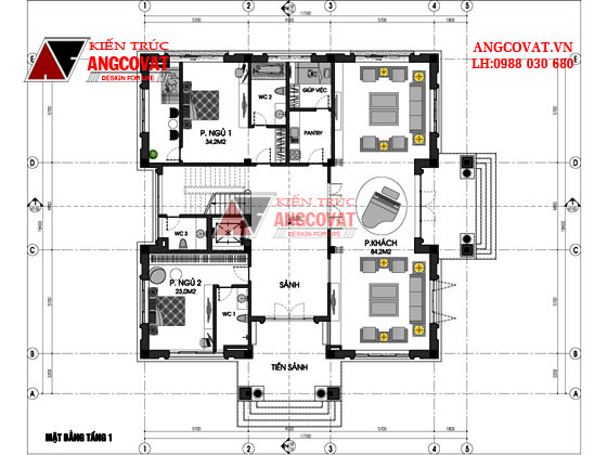 Mặt bằng tầng 1 biệt thự 3 tầng mái thái diện tích 300m2 có hồ bơi