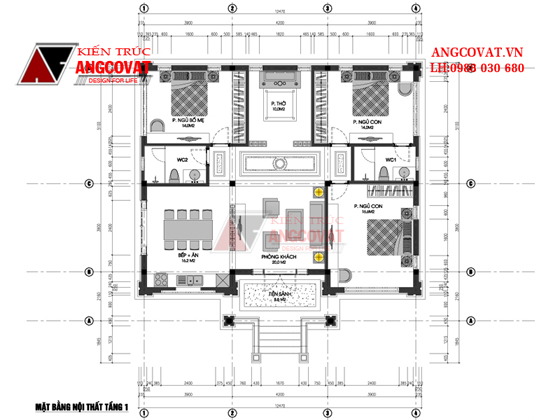 Mặt bằng tầng 1 mẫu nhà cấp 4 3 phòng ngủ 1 phòng thờ mái thái đẹp