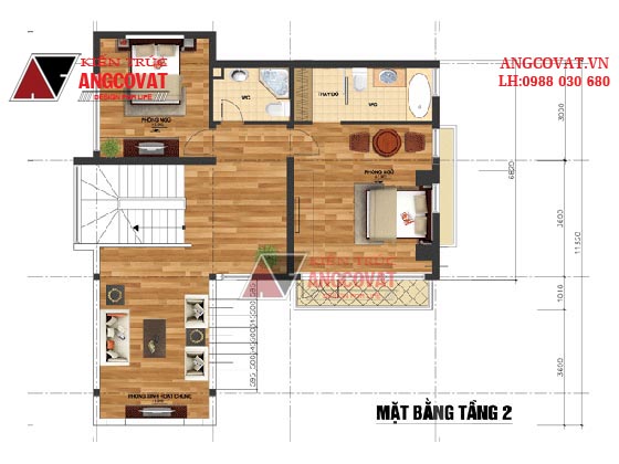 Mặt bằng tầng 2 mẫu nhà 3 tầng phong cách hiện đại