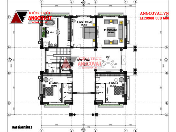 Mặt bằng tầng 2 biệt thự 3 tầng mái thái diện tích 300m2 có hồ bơi