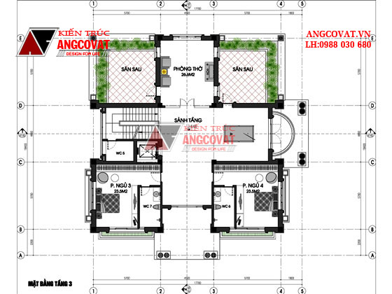 Mặt bằng tầng 3 biệt thự 3 tầng mái thái diện tích 300m2 có hồ bơi