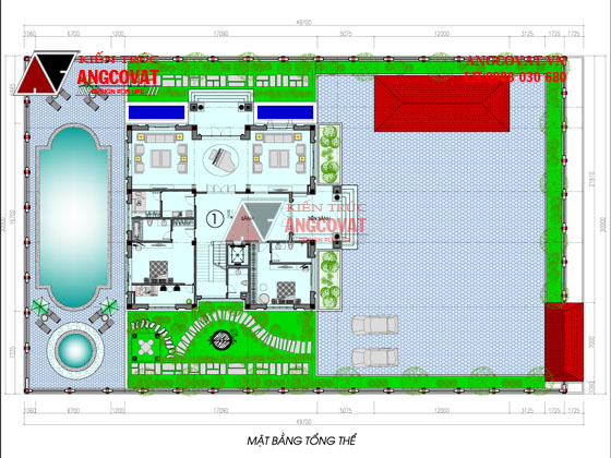 Mặt bằng tổng thể biệt thự 3 tầng mái thái diện tích 300m2 có hồ bơi