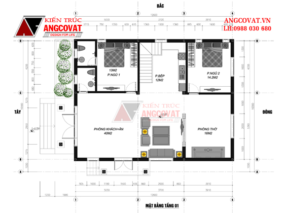 Mặt bằng nội thất biệt thự 1 tầng 100m2