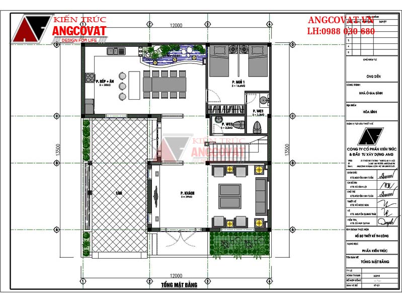 Mặt bằng tầng 1 nhà biệt thự mặt tiền 12m đẹp ở Hòa Bình