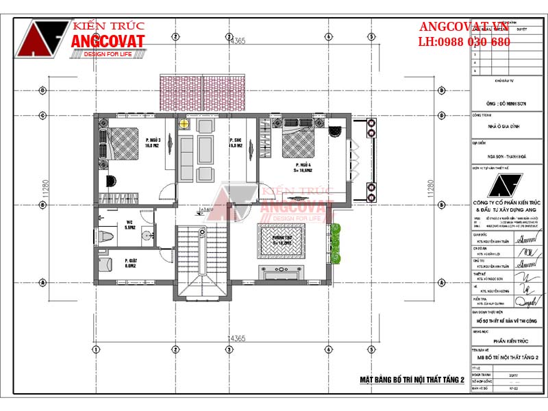 Mặt bằng nội thất tầng 2 thiết kế nhà 2 tầng mặt tiền 11m diện tích 120m2