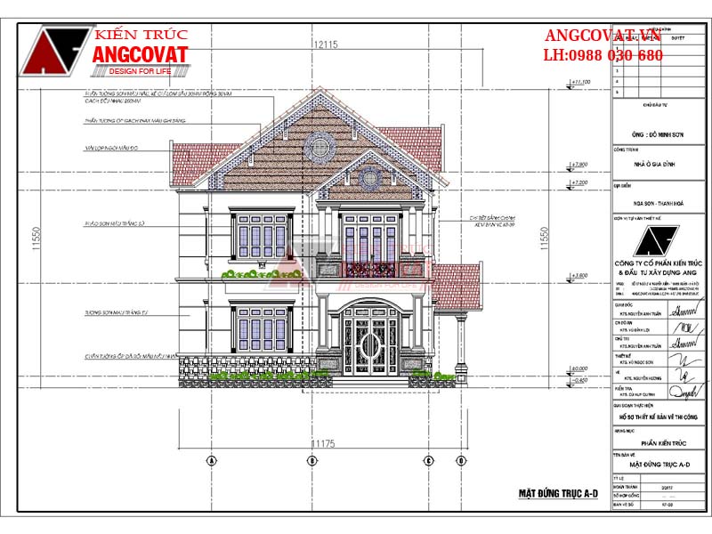 Mặt bằng mái nhà 2 tầng mặt tiền 11m mái ngói ở Thanh Hóa