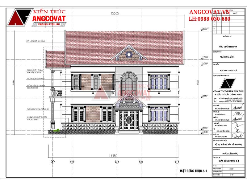 Trục đứng thiết kế nhà 2 tầng 11x15m mái thái vô cùng ấn tượng