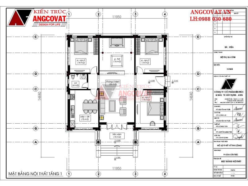 mặt bằng bố trí nội thất kiểu nhà cấp 4 có 3 phòng ngủ 