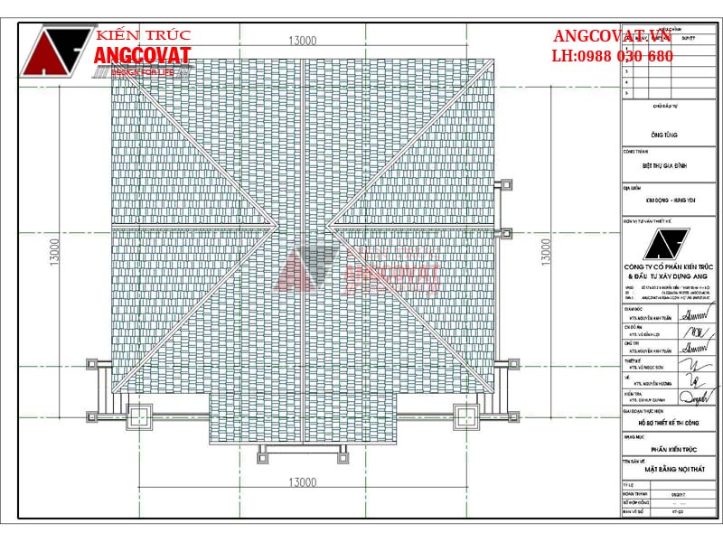 Mặt bằng tầng mái bản vẽ nhà cấp 4 có 3 phòng ngủ kích thước 13x13m ở Hưng Yên