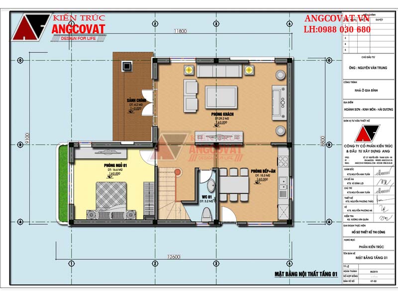 Mặt bằng tầng 1 nhà 2 tầng chữ L 100m2