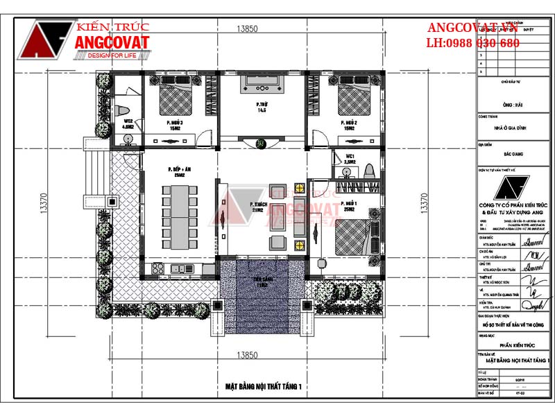 mặt bằng nội thất nhà cấp 4 mái thái 3 phòng ngủ 130m2 ở bắc giang