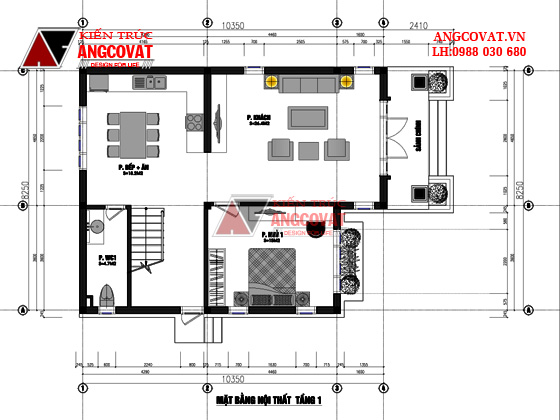 mặt bằng nội thất tầng 1 thiết kế biệt thự 2 tầng 80m2 3 phòng ngủ trên khu đất thóp hậu