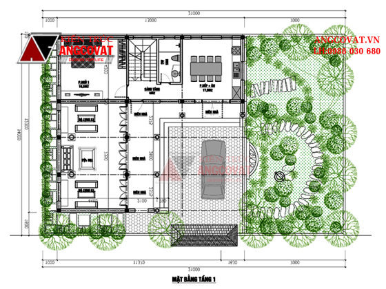 mặt bằng nội thất tầng 1 mẫu biệt thự 2 tầng 3 phòng ngủ mặt tiền 12m kiểu nhà thờ họ kết hợp với nhà ở