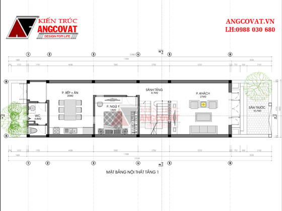 mắt bằng nội thất tầng 1 Thiết kế nhà ống 2 tầng 5x18m theo kiểu biệt thự 4 phòng ngủ 90m2 mái thái đẹp mắt