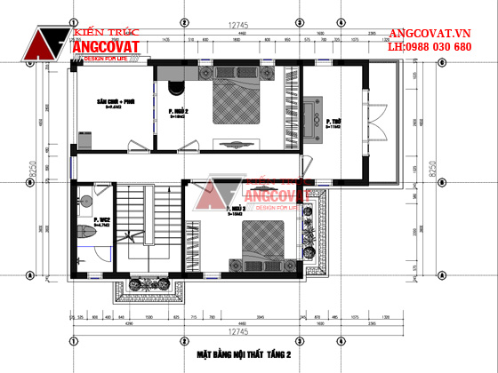 mặt bằng nội thất tầng 2 thiết kế biệt thự 2 tầng 80m2 3 phòng ngủ trên khu đất thóp hậu