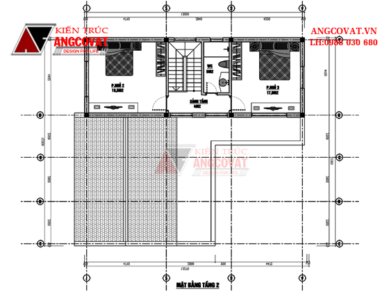 mặt bằng nội thất tầng 2 mẫu biệt thự 2 tầng 3 phòng ngủ mặt tiền 12m kiểu nhà thờ họ kết hợp với nhà ở