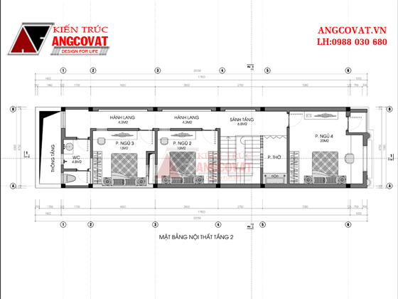 mặt bằng nội thất tầng 2 Thiết kế nhà ống 2 tầng 5x18m theo kiểu biệt thự 4 phòng ngủ 90m2 mái thái đẹp mắt