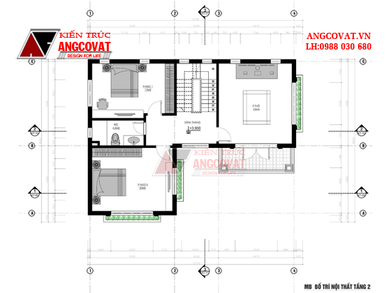mặt bằng nội thất tầng 2 thiết kế biệt thự sân vườn 2 tầng 3 phòng ngủ với diện tích 90m2