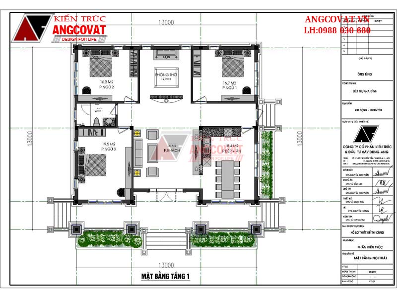 mặt bằng tầng 1 bản vẽ nhà cấp 4 có 3 phòng ngủ kích thước 13x13m ở Hưng Yên