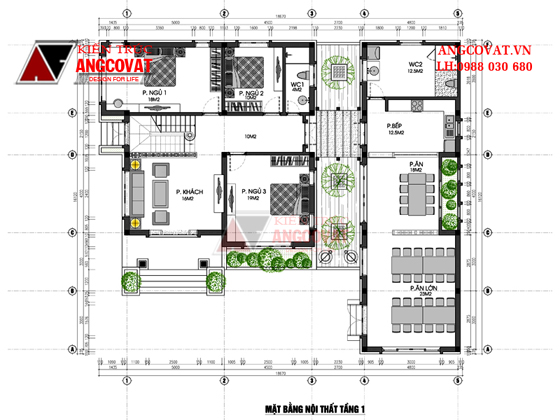 mặt bằng tầng 1 mẫu biệt thự 2 tầng 100m2 5 phòng ngủ theo phong cách hiện đại