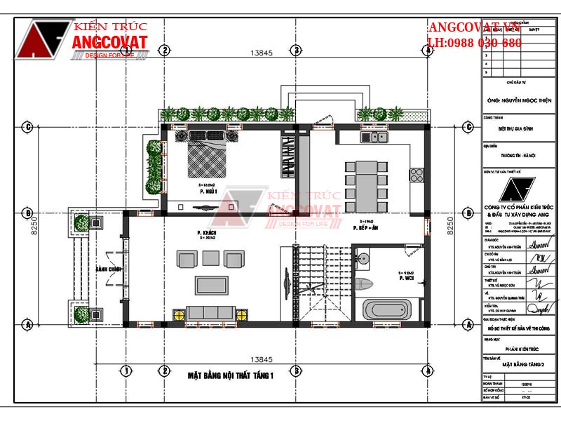 mặt bằng tầng 1 mẫu nhà 2 tầng rộng 8m có mái thái hiện đại