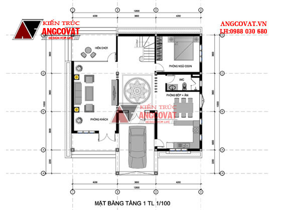 mặt bằng tầng 1 mẫu số 3 tổng hợp 5 mẫu biệt thự 2 tầng 100m2 theo phong cách hiện đại của angcovat