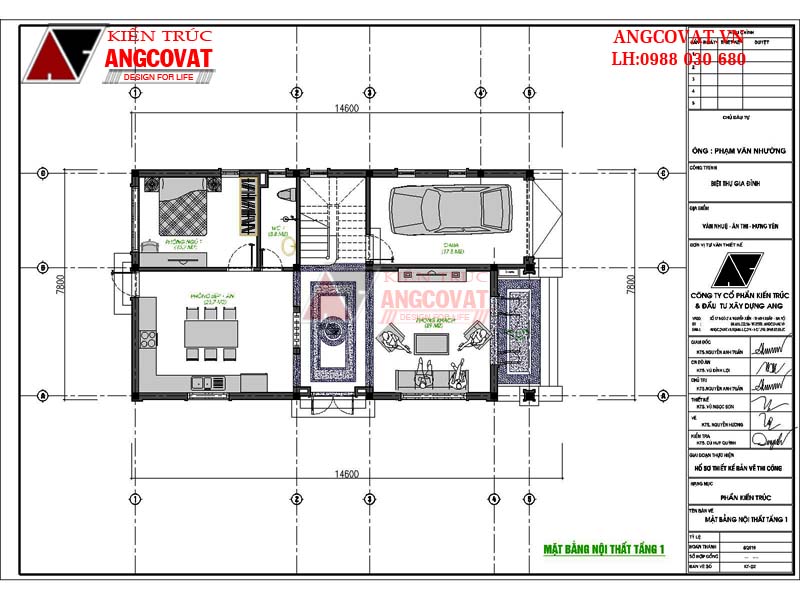 mặt bằng tầng 1 nhà 2 tầng 8x15m có 5 phòng ngủ