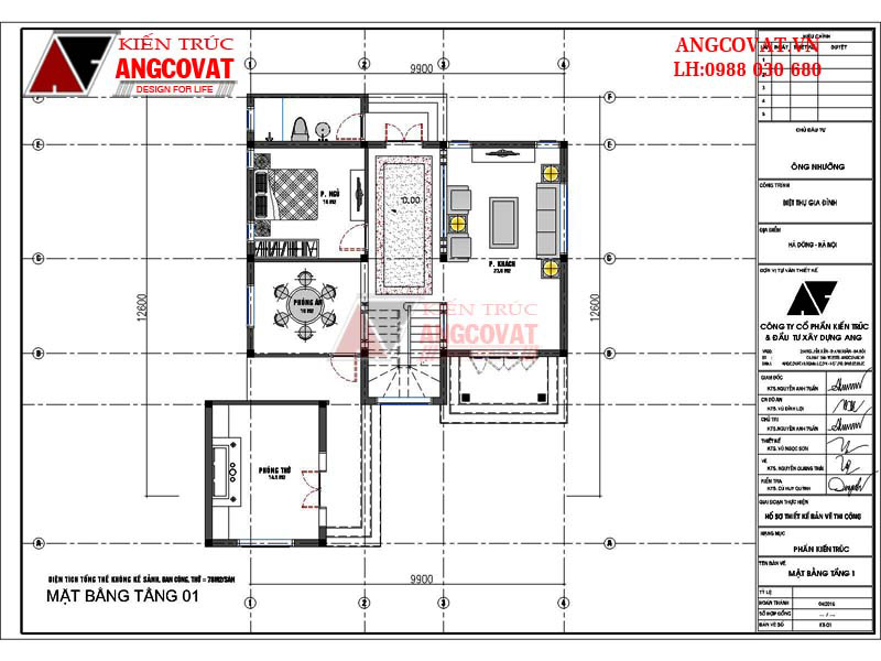 Mặt bằng tầng 1: Mẫu thiết kế nhà 3 tầng chiều sâu 10m diện tích 80m2