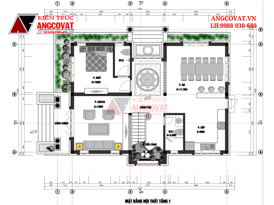 mặt bằng tầng 1 thiết kế nhà 2 tầng tân cổ điển 100m2 với 3 phòng ngủ 1 phòng thờ