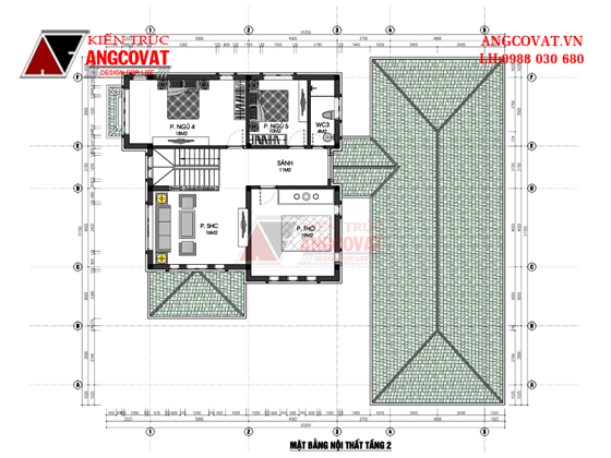 mặt bằng tầng 2 mẫu biệt thự 2 tầng 100m2 5 phòng ngủ theo phong cách hiện đại