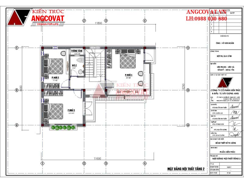 Phối cảnh 5: Nội thất tầng 2 mẫu nhà 3 tầng mái thái mặt tiền 9m