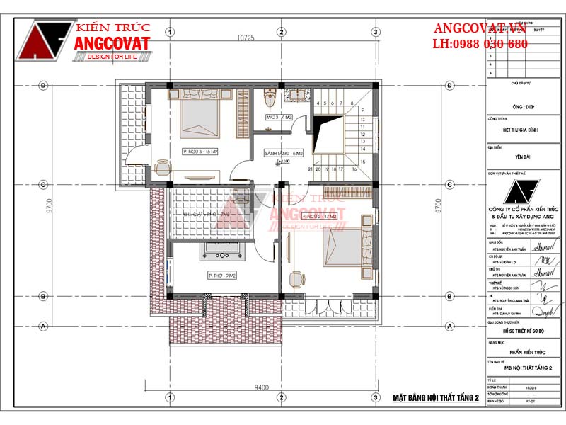 Mặt bằng tầng 2 mẫu nhà 2 tầng 3 phòng ngủ 80m2