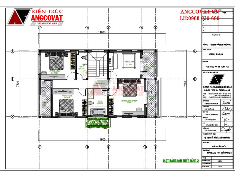 mặt bằng tầng 2 nhà 2 tầng 8x15m có 5 phòng ngủ