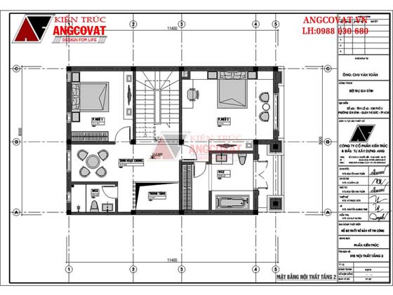 mặt bằng tầng 2 nhà 3 tầng mặt tiền 8m