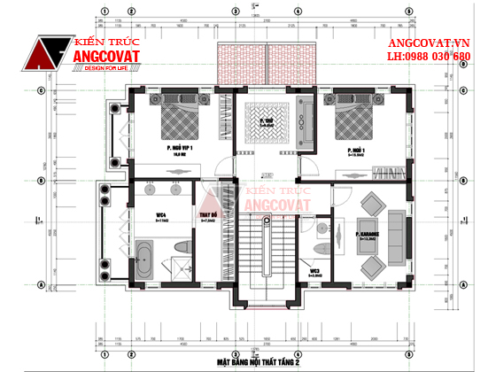 mặt bằng tầng 2 thiết kế nhà 2 tầng tân cổ điển 100m2 với 3 phòng ngủ 1 phòng thờ