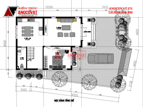 mặt bằng tổng thể thiết kế biệt thự 2 tầng 80m2 3 phòng ngủ trên khu đất thóp hậu