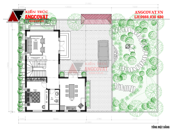 mặt bằng tổng thể thiết kế biệt thự sân vườn 2 tầng 3 phòng ngủ với diện tích 90m2